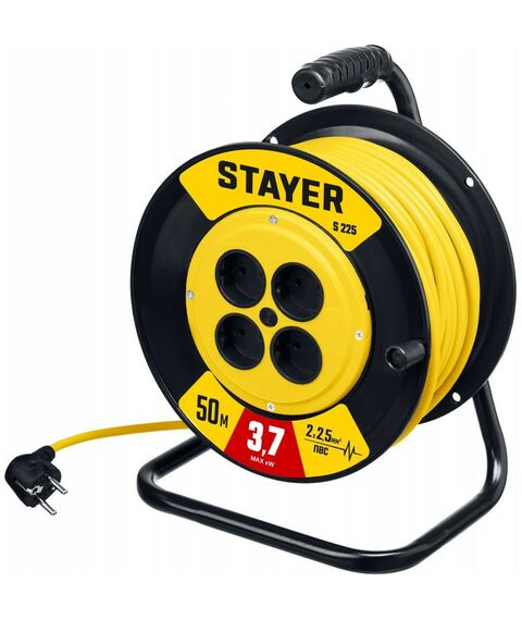 Удлинители электрические: Силовой удлинитель на катушке STAYER S 225 ПВС 2х2.5, 50м, 3750Вт [55070-50] фотографии