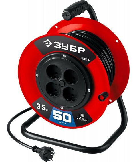 Удлинители электрические: Силовой удлинитель на катушке Зубр ПВС 215 ПВС 2х1.5 50м 3500Вт [55103-50] фотографии