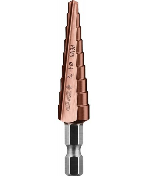 Буры, пики, коронки, сверла: Сверло ступенчатое Зубр Профессионал КОБАЛЬТ 4-12мм 9 ступеней, кобальтовое покрытие [29672-4-12-9] фотографии