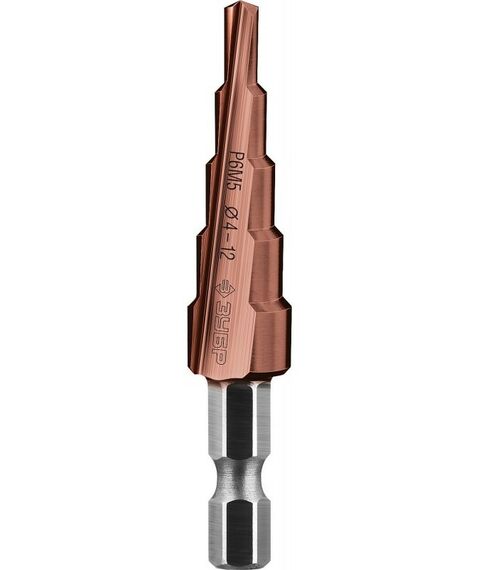 Буры, пики, коронки, сверла: Сверло ступенчатое Зубр Профессионал КОБАЛЬТ 4-12мм ч5 ступеней, кобальтовое покрытие [29672-4-12-5] фотографии