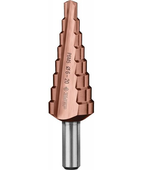 Буры, пики, коронки, сверла: Сверло ступенчатое Зубр Профессионал КОБАЛЬТ 6-20мм 8 ступеней, кобальтовое покрытие [29672-6-20-8] фотографии