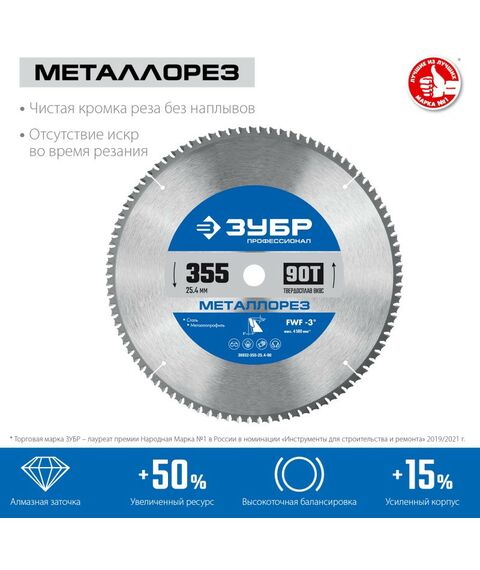 Пильные и алмазные диски: Диск пильный по металлу и металлопрофилю Зубр Металлорез 355х25.4мм 90Т [36932-355-25.4-90] фотографии