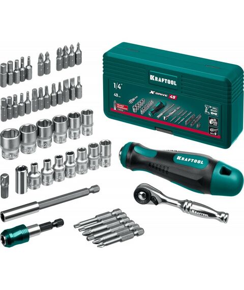 Наборы оснастки: Набор бит и головок с битодержателем и трещоткой KRAFTOOL X-Drive 49 шт [25816] фотографии