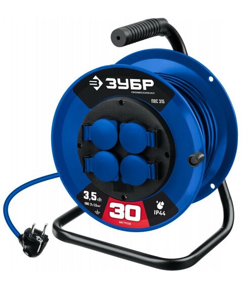 Удлинители электрические: Силовой удлинитель на катушке Зубр ПВС 315 3х1.5 30м 3500Вт IP44 [55081-30] фотографии