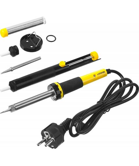 Паяльное оборудование: Набор для паяльных работ STAYER PROTerm 60Вт с 2К рукояткой, конус подставка + припой + сменное жало + оловоотсос + сменная насадка [55313-60-H6] фотографии