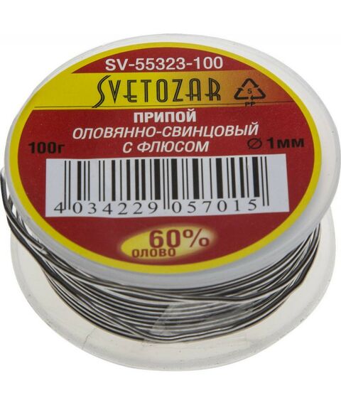 Паяльное оборудование: Припой СВЕТОЗАР ПОС 61 1мм, 100г, трубка с флюсом, катушка [SV-55323-100] фотографии