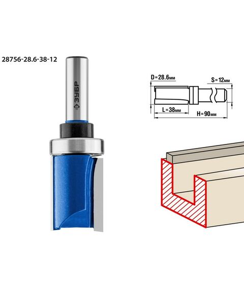 Принадлежности для фрезерных станков: Фреза пазовая Зубр 28.6x38мм хвостовик 12мм, прямая с верхним подшипником [28756-28.6-38-12] фотографии