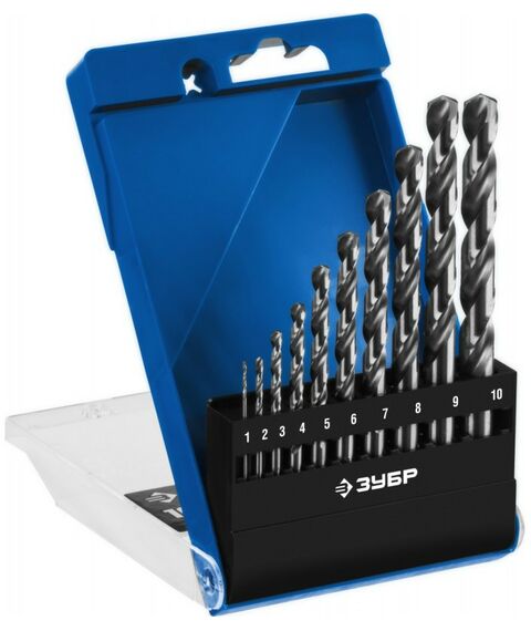 Буры, пики, коронки, сверла: Набор сверл по металлу Зубр ПРОФ-А 10шт (1-10мм) сталь Р6М5, класс А [29625-H10] фотографии