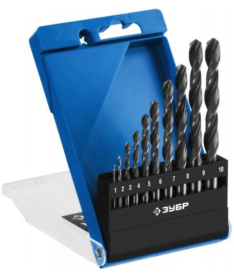 Буры, пики, коронки, сверла: Набор сверл по металлу Зубр ПРОФ-В 10шт (1-10мм) сталь Р6М5, класс В [29621-H10] фотографии