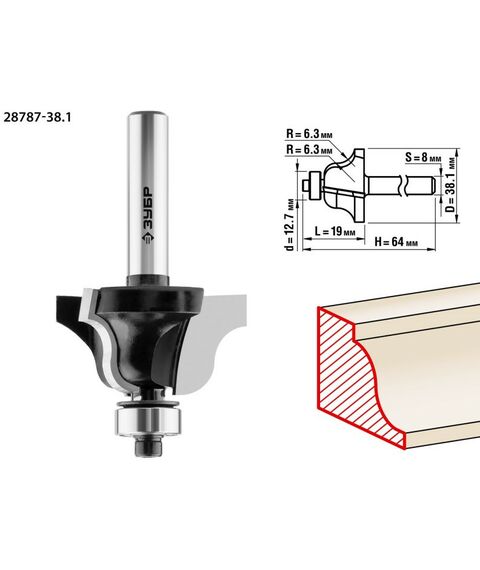 Принадлежности для фрезерных станков: Фреза кромочная калевочная Зубр №4 38.1x19мм радиус 6.3мм [28787-38.1] фотографии