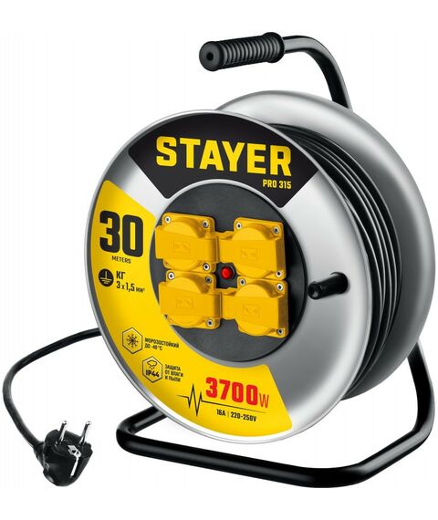 Удлинители электрические: Силовой удлинитель на стальной катушке STAYER PRO-315 КГ, 3 x 1.5 мм2, 30 м, 3700 Вт, IP44 [55077-30] фотографии