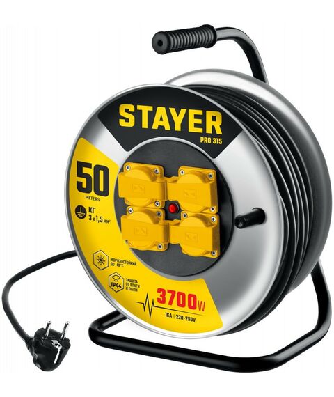 Удлинители электрические: Силовой удлинитель на стальной катушке STAYER PRO-315 КГ, 3 x 1.5 мм2, 50 м, 3700 Вт, IP44 [55077-50_z01] фотографии