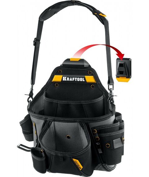Ящики и сумки для инструмента: Поясная сумка KRAFTOOL KPB-20 с быстросъёмным креплением FastClip, плечевой ремень, 20 карманов и петель, 320 х 310 мм [38767] фотографии