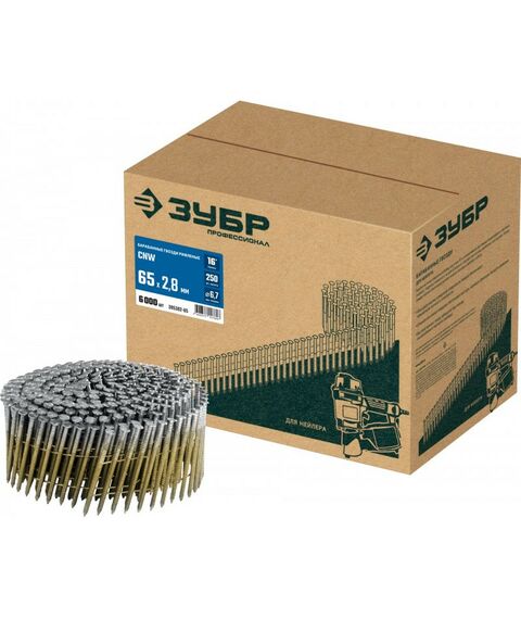 Гвозди прямого монтажа: Барабанные гвозди рифленые Зубр CNW 65 х 2.8 мм 6000 шт [305382-65] фотографии