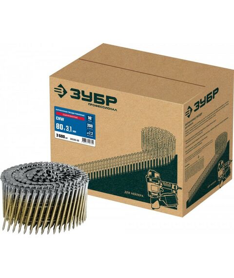 Гвозди прямого монтажа: Барабанные гвозди рифленые оцинкованные Зубр CNW 80 х 3.1 мм 3600 шт [305383-80] фотографии