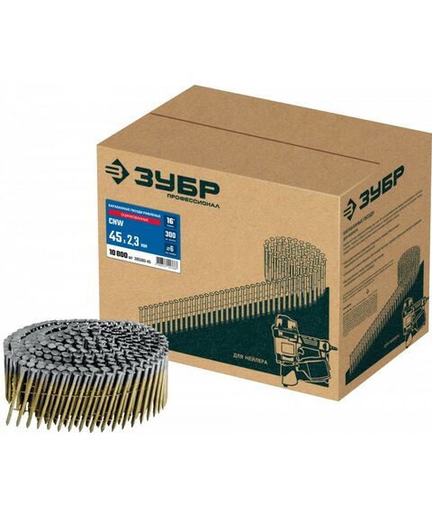 Гвозди прямого монтажа: Барабанные гвозди рифленые оцинкованные Зубр CNW 45 х 2.3 мм 10800 шт [305383-45] фотографии