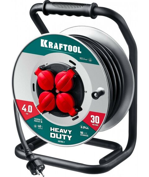 Силовой удлинитель на стальной катушке KRAFTOOL HEAVY DUTY КГ 3х2.5 30м 4000Вт IP44 [55086-30_z01] фотографии