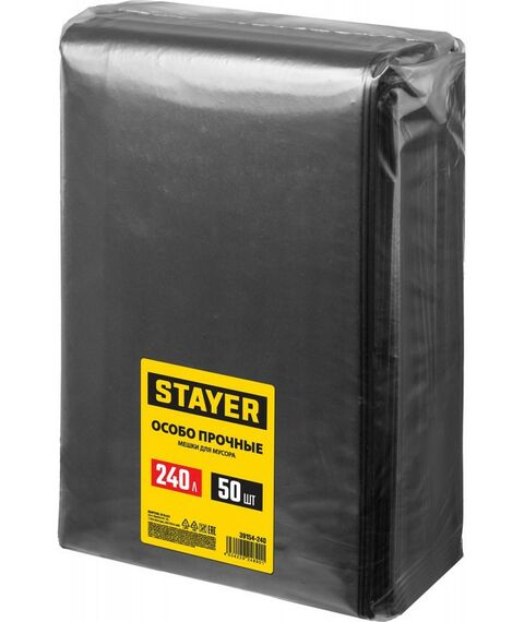 Строительные мусорные мешки STAYER HEAVY DUTY 240 л 50 шт, черные, особопрочные [39154-240] фотографии