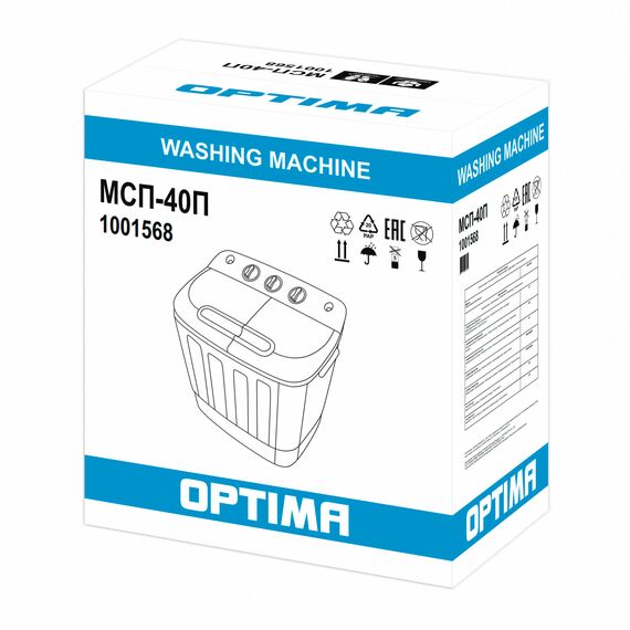 Стиральная машина OPTIMA МСП-40П Загрузка белья для стирки 4кг, загрузка белья для отжима 2.5кг, центрифуга, материал крышки пластик, мощность стирки 260Вт, мощность центрифуги 145Вт, сливной насос, класс защиты от поражения электричеством фотографии