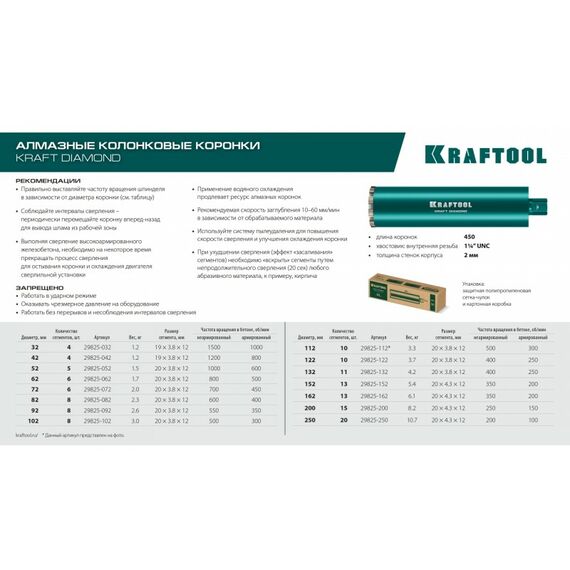 Алмазная Коронка по железобетону KRAFTOOL DIAMOND 42 мм 450 мм, 1 1/4", лазерная сварка сегментов [29825-042] фотографии