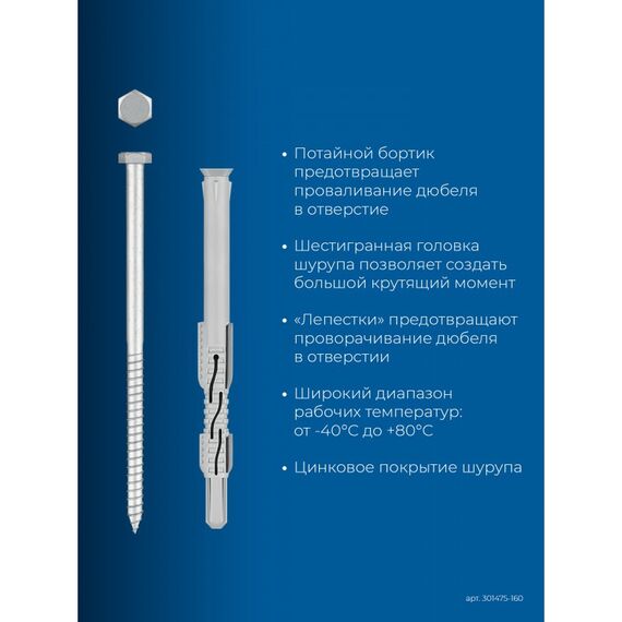 Фасадный дюбель ФД-П Зубр 10 x 160 мм нейлон/цинк, 50 шт [301475-160] фотографии