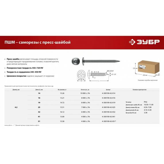 Саморез с пресс-шайбой ПШМ Зубр 14 х 4.2 мм цинк, 15.26 кг [4-300190-42-014_z01] фотографии