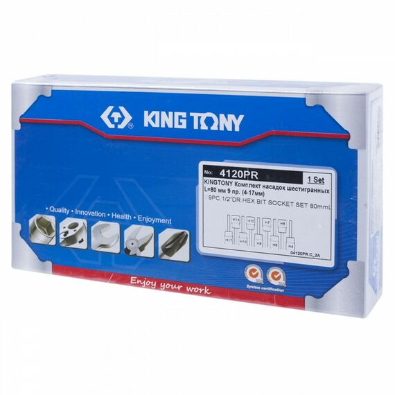 Набор торцевых насадок King Tony 4120PR 1/2", Hex, 4-17 мм, L = 80 мм, 9 предметов фотографии
