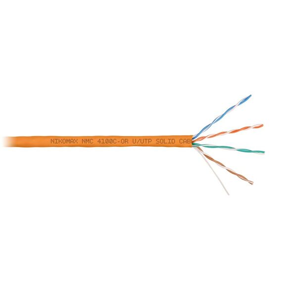 Кабель Nikomax NMC 4100C-OR U/UTP 4 пары, Кат.5e (Класс D), тест по ISO/IEC, 100МГц, одножильный, BC (чистая медь), 24AWG (0.51мм), полимерный материал нг(А)-HF, внутренний, оранжевый, 305м фотографии