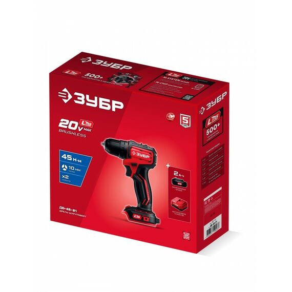 Бесщеточная дрель-шуруповерт Зубр ДБ-45-21 ЗУБР 20 В, 45 Н·м, 1 АКБ LMS (2 А·ч) фотографии