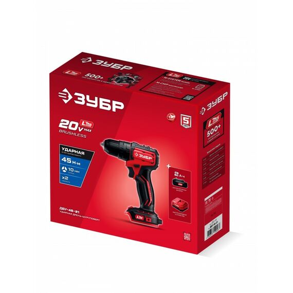 Бесщеточная ударная дрель-шуруповерт Зубр ДБУ-45-21 ЗУБР 20 В, 45 Н·м, 1 АКБ LMS (2 А·ч) фотографии