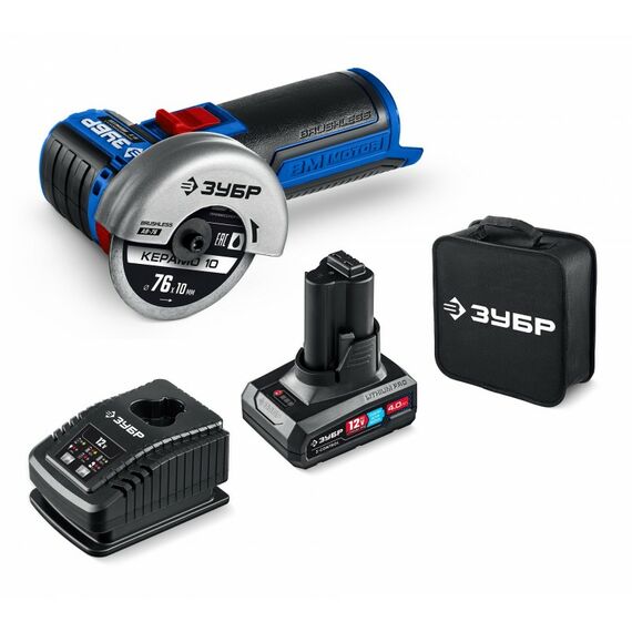 Бесщеточная УШМ Зубр AB-76-41 12 В, D76 мм, 1 АКБ тип Т7 (4 А·ч), сумка, Профессионал фотографии