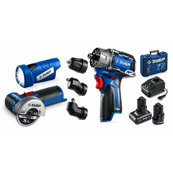 {[ru]:Набор: дрель-шуруповерт + мини УШМ + LED фонарь Зубр DB-125-42ABF КОМБИ