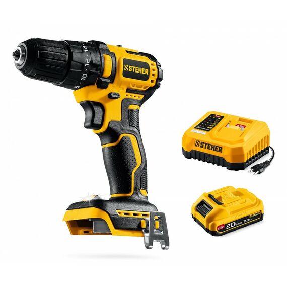 Бесщеточная ударная дрель-шуруповерт STEHER CBS-45-21 20 В, 45 Н·м, 1 АКБ LMS (2 А·ч) фотографии