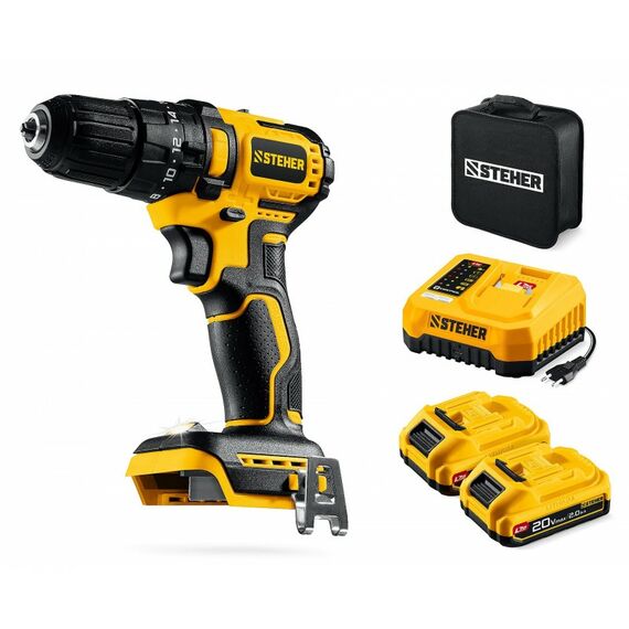 Бесщеточная ударная дрель-шуруповерт STEHER CBS-45-22 20 В, 45 Н·м, 2 АКБ LMS (2 А·ч), сумка фотографии