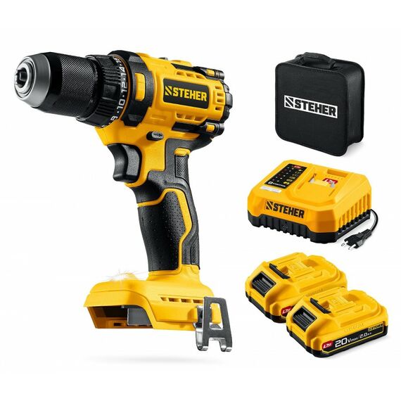 Бесщеточная дрель-шуруповерт STEHER CB-65-22 20 В, 65 Н·м, 2 АКБ LMS (2 А·ч), сумка фотографии
