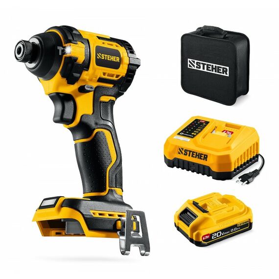 Бесщеточный ударный винтоверт STEHER CSB-180-21 20 В, 180 Н·м, 1 АКБ LMS (2 А·ч), сумка фотографии