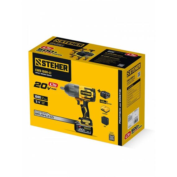 Бесщеточный ударный гайковерт STEHER CWB-1000-41 20 В, 1000 Н·м, 1 АКБ LMS (4 А·ч), сумка фотографии