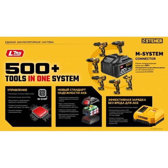 Бесщеточный ударный гайковерт STEHER CWB-1000-41 20 В, 1000 Н·м, 1 АКБ LMS (4 А·ч), сумка фотографии