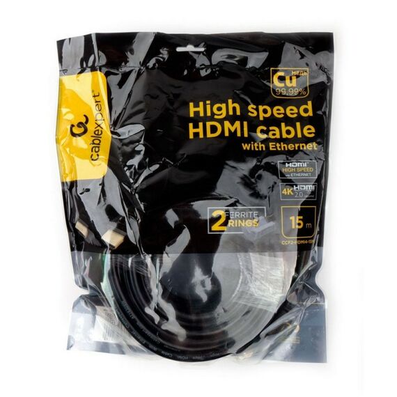 Кабель HDMI Cablexpert CCF2-HDMI4-15M 15м, v1.4, 19M/19M, черный, позол.разъемы, экран, 2 ферр кольца, пакет фотографии