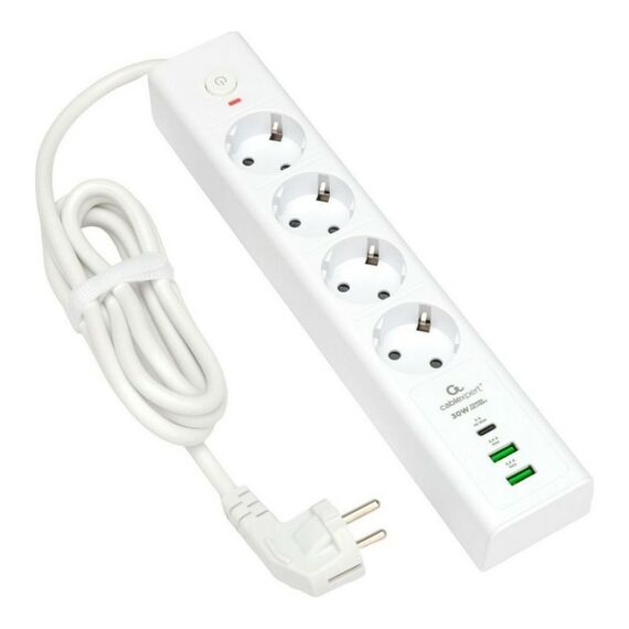 Сетевой фильтр Cablexpert Exnovo EXN-4-CU2-W-2 белый, макс. мощность 2500Вт, 3 розетки 220В, 10А, 2 розетки USB-A 5В, 1 розетка USB-C 30Вт PD, кабель 2м, ур.защиты 4+, коробка фотографии