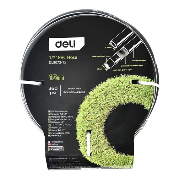 Шланг поливочный Deli DL8072-15 армированный, 15 метров, 1/2", 4 слоя, давление до 25 бар, серый фотографии