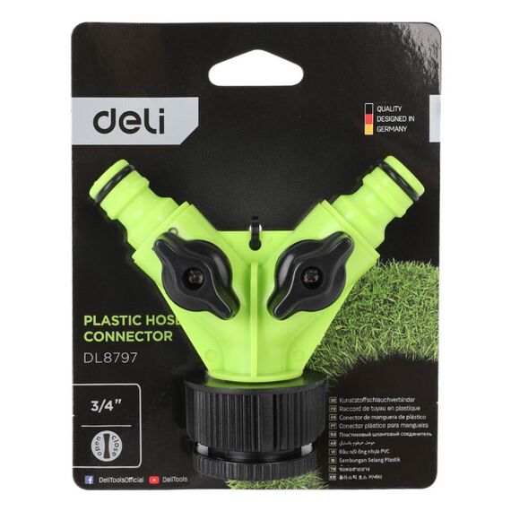 Распределитель поливочный Deli DL8797 двухканальный, 1"-3/4", внутренняя резьба, 2 вентиля, ударопрочный пластик фотографии