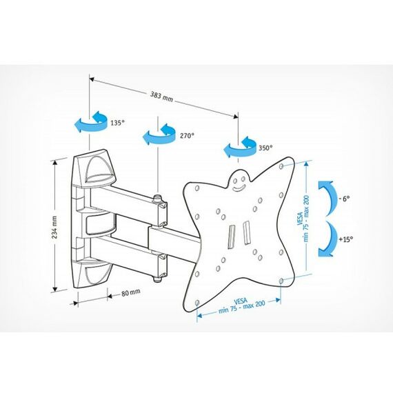 Крепеж для аудио-видео техники: Кронштейн Holder LCDS-5038 20-37" 200*200  наклон +6 -15°, поворот- 350° от стены 442 мм, 2 колена фотографии