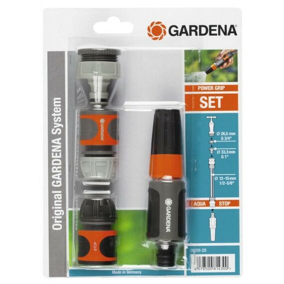 Шланги, системы водопровода и автополива: Комплект полива GARDENA Power Grip Set 1 штуцер резьбовой 26.5 мм (арт. 18202), 1 коннектор стандартный (арт. 18215), 1 коннектор стандартный с автостопом (арт. 18213), 1 наконечник для полива Classic (арт. 18300)