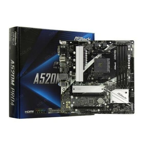 Материнские платы: Материнская плата ASRock A520M PRO4 AM4  PCI-E Dsub+HDMI+DP GbLAN SATA MicroATX 4DDR4 RTL фотографии