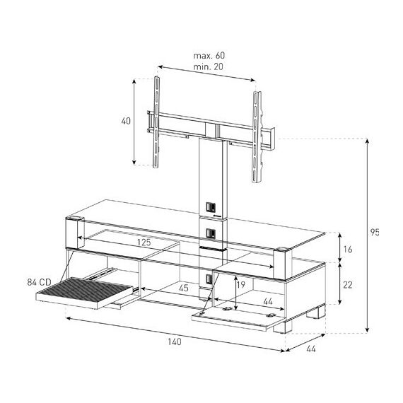 Тумбы и стойки для телевизоров: Стойка под телевизор Sonorous MD 8143-C-INX-WNT max ТВ 50кг, 1300х1400х440мм (ВхШхГ),   прозрачное стекло /  ножки стального цвета/ орех ящики фотографии