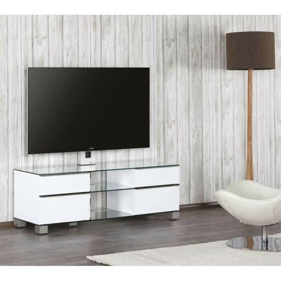 Тумбы и стойки для телевизоров: Стойка под телевизор Sonorous MD 8340-C-INX-WHT max ТВ 50кг, 1300х1400х440мм (ВхШхГ),   прозрачное стекло /  ножки стального цвета/ белые ящики фотографии