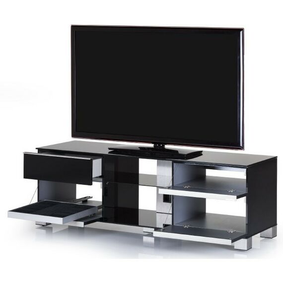 Тумбы и стойки для телевизоров: Стойка под телевизор Sonorous MD 9340-B-INX-BLK 3 полки, 4  ящика, max нагрузка 80кг,   490х1400х440мм (ВхШхГ),  черное стекло /  ножки стального цвета/ черные ящики фотографии