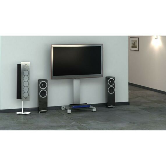 Тумбы и стойки для телевизоров: Стойка под телевизор Sonorous PL 2510-B-INX 1 полка, крепеж для ТВ, max нагрузка 50кг, поворот 35o, 1460х650х500мм  (ВхШхГ),  черное стекло / ножки стального цвета фотографии