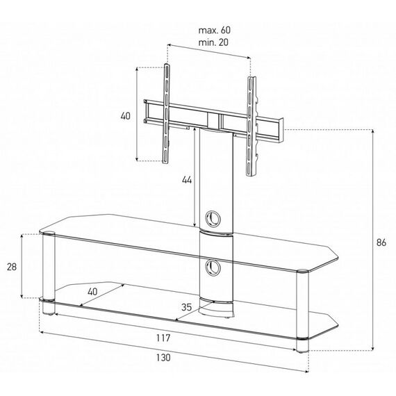Тумбы и стойки для телевизоров: Стойка под телевизор Sonorous NEO 130 B SLV 2 полки, крепеж для ТВ, max нагрузка 40кг, поворот 35o, 1210х1300х440мм (ВхШхГ), черное стекло / серебристые ножки фотографии